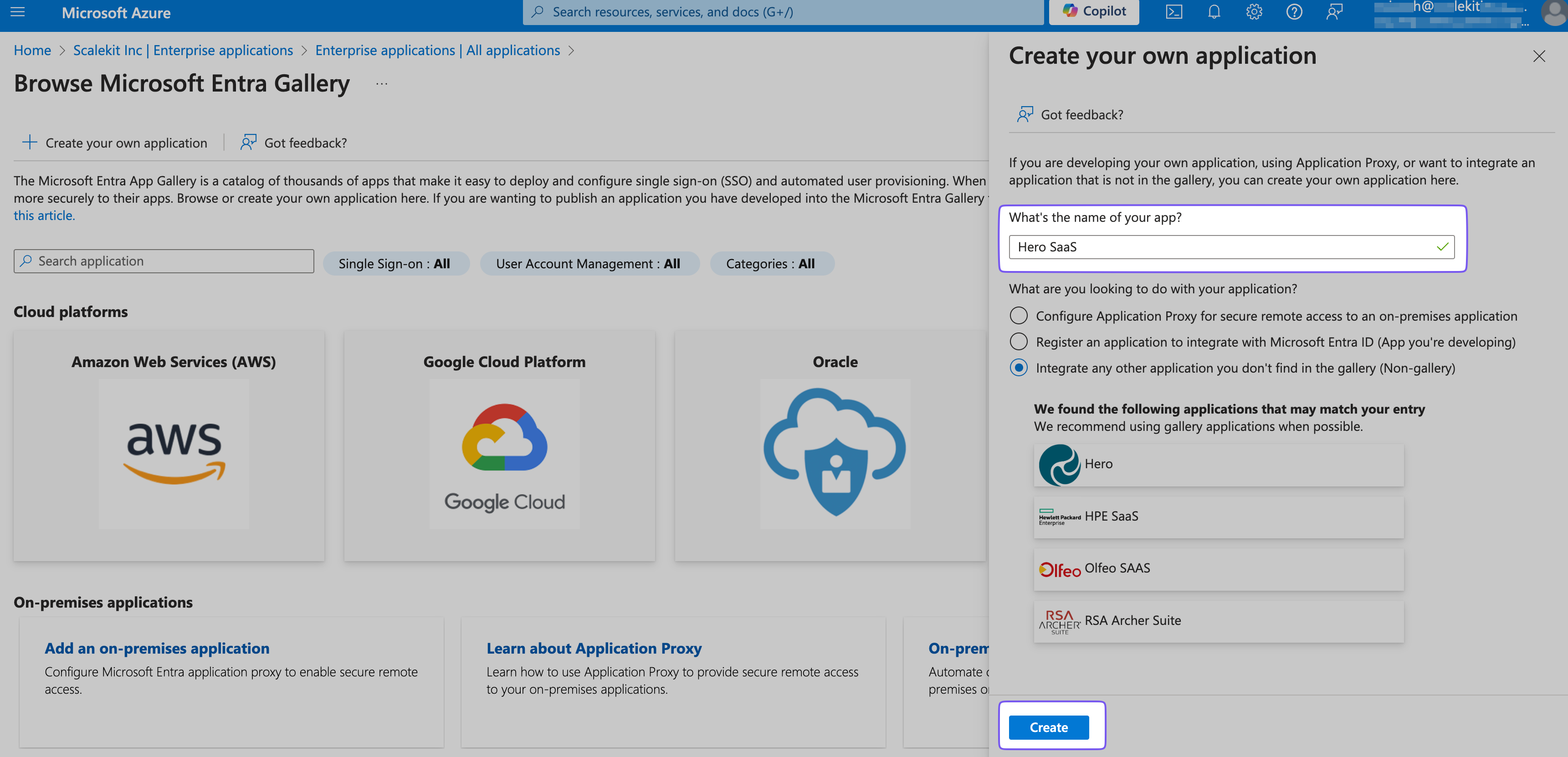 Creating a new application in Microsoft Entra ID.