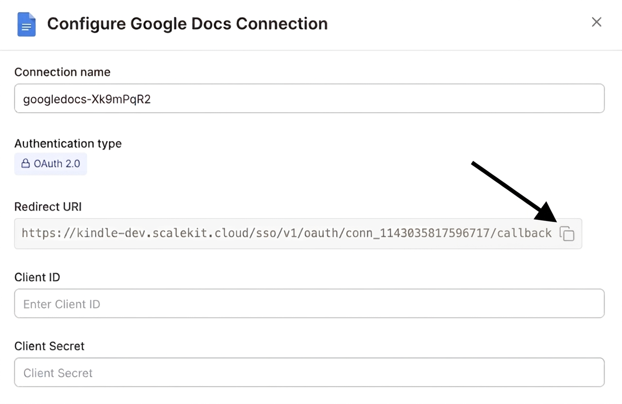 Configure Google Docs Connection with redirect URI