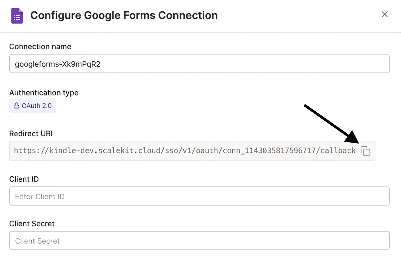 Configure Google Forms Connection with redirect URI
