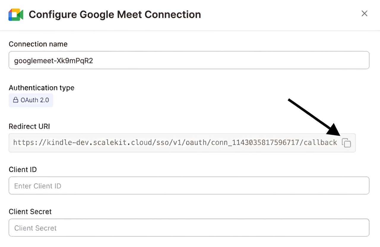 Configure Google Meet Connection with redirect URI