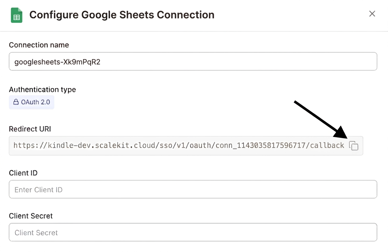 Configure Google Sheets Connection with redirect URI