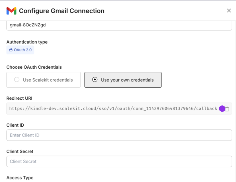 Configure Gmail Connection with redirect URI