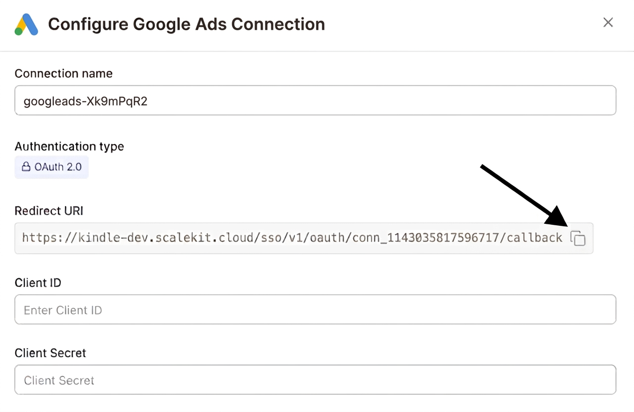 Configure Google Ads Connection with redirect URI