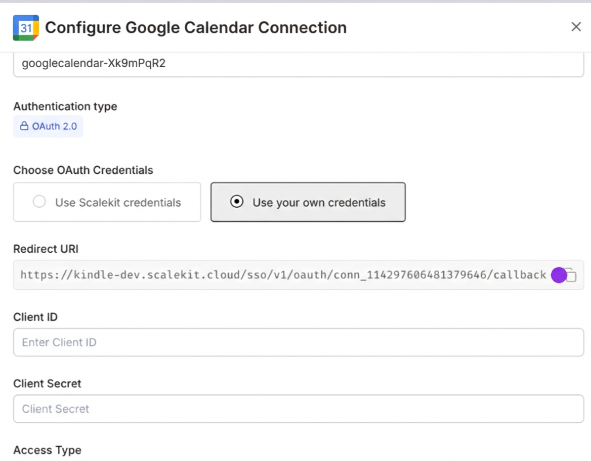 Configure Google Calendar Connection with redirect URI